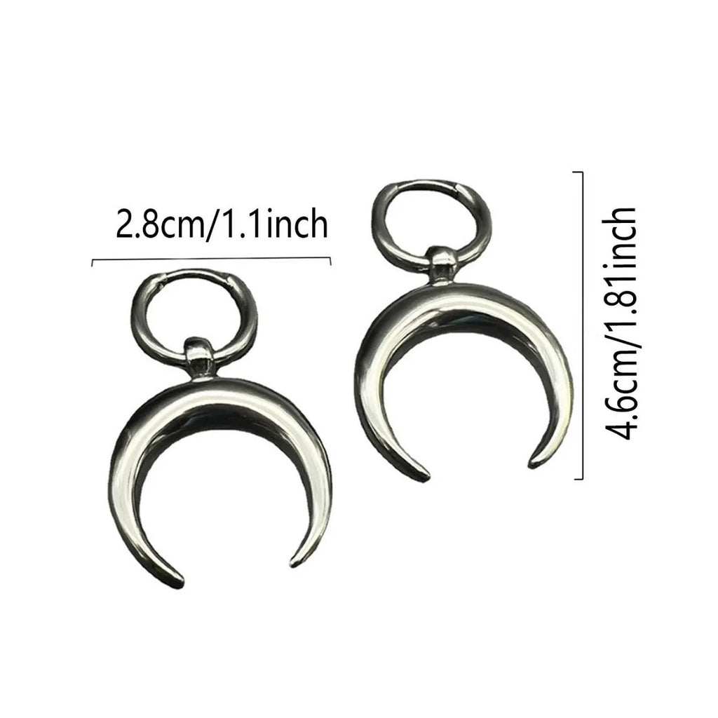 Silver vintage gothic moon clip-on hoop earrings with punk geometric styling
