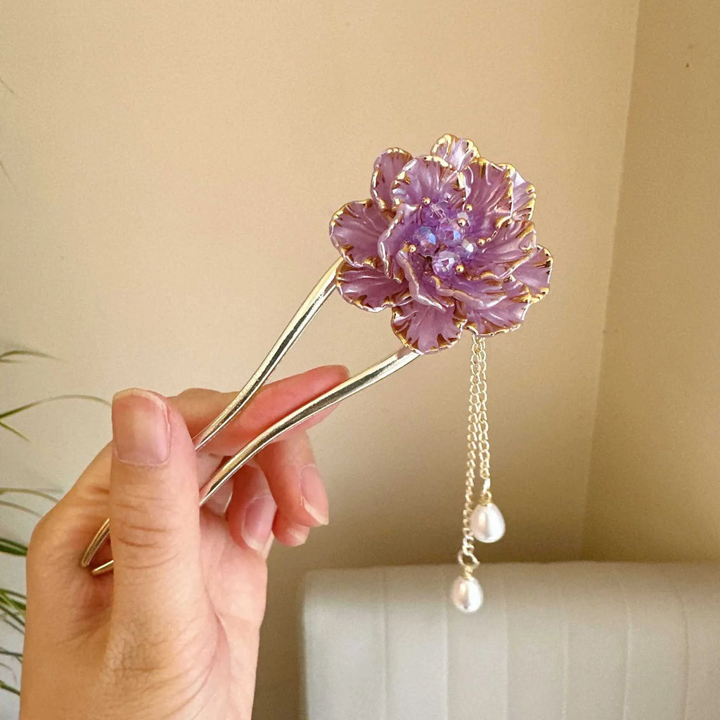 Purple and white peony flower tassel U-shaped alloy hairpin on display
