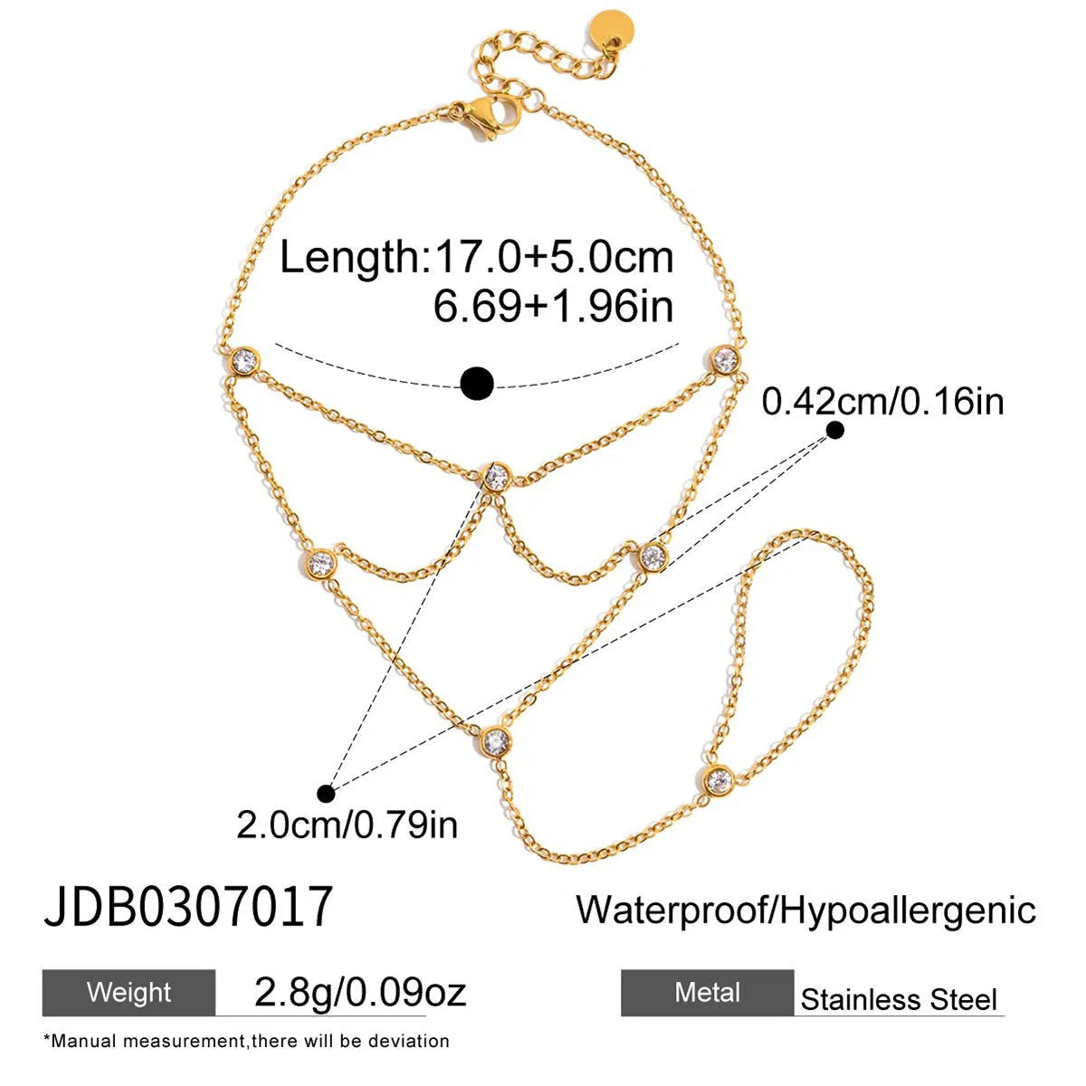 Zircon mitten-type bracelet with tassel, light luxury, stainless steel, round geometry for women.