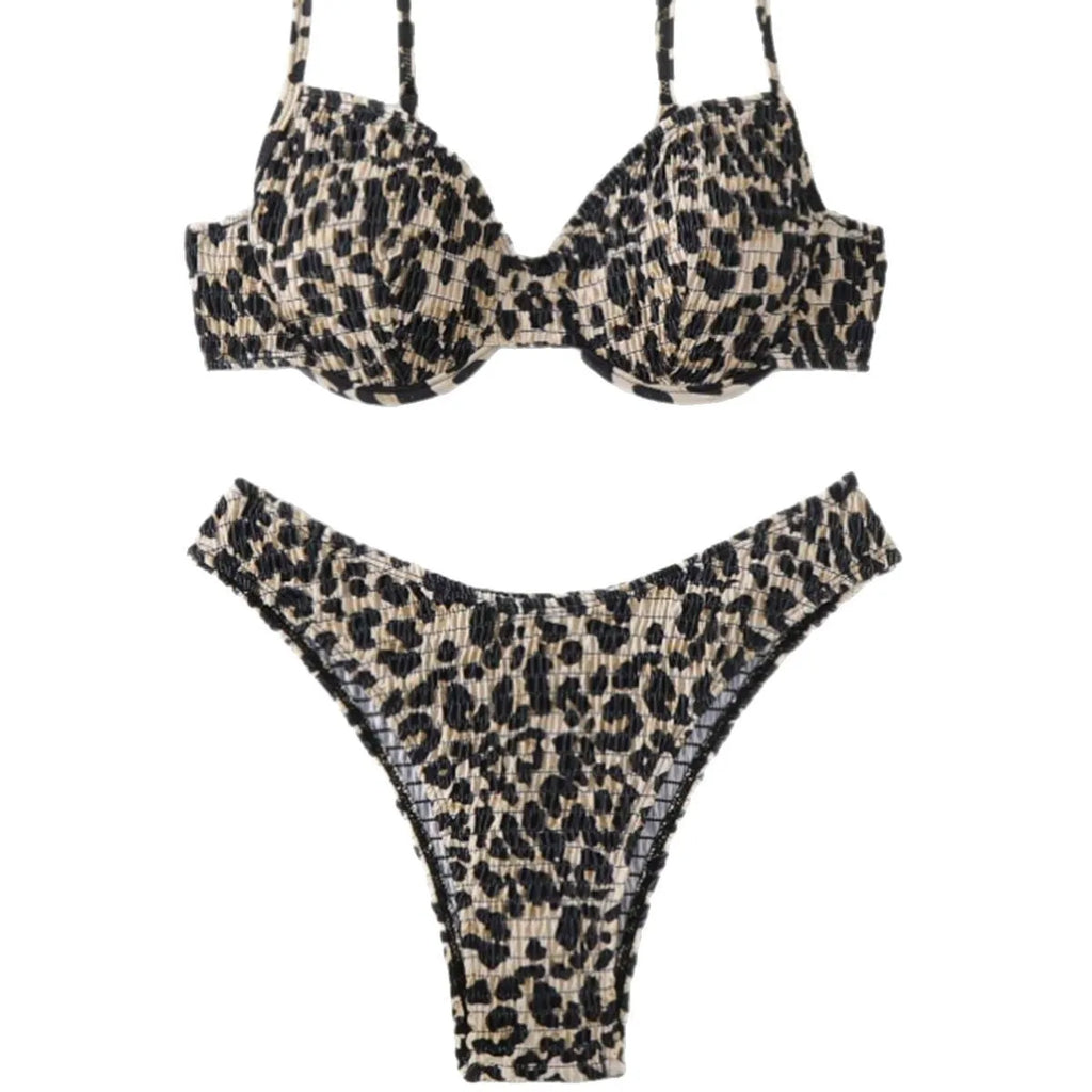 Leopard print women's bikini swimsuit with backless design in brown mixed colour