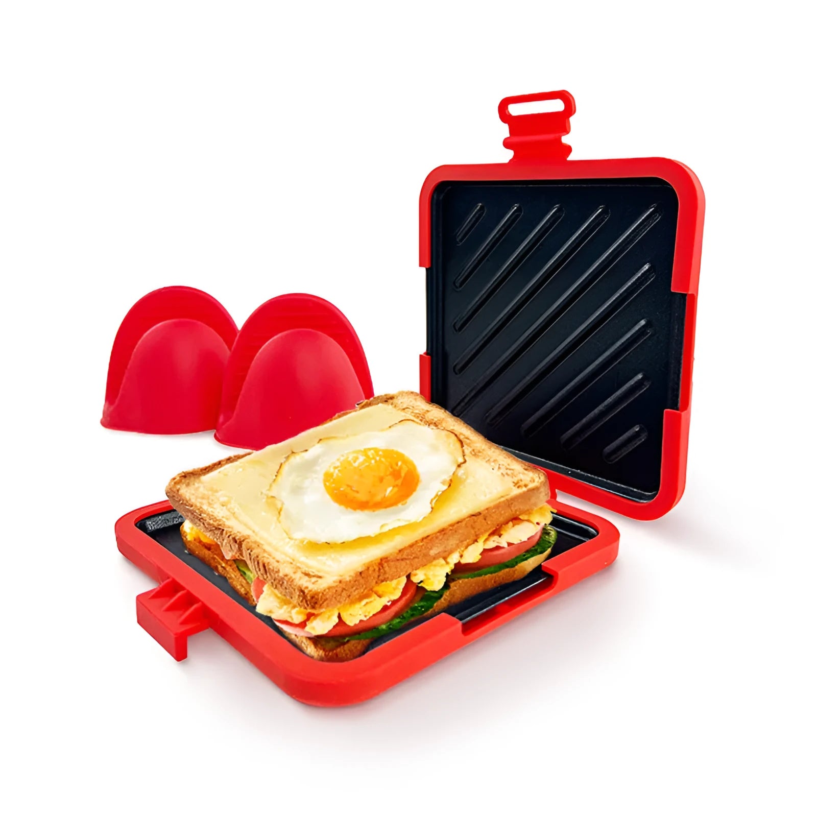Red silicone baking tray with matching hand clamp set for anti-scald kitchen protection