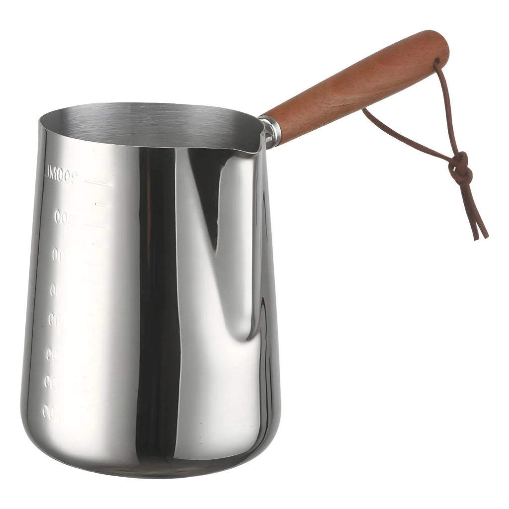 Stainless steel coffee cup with wooden scaled handle showing measurement markings