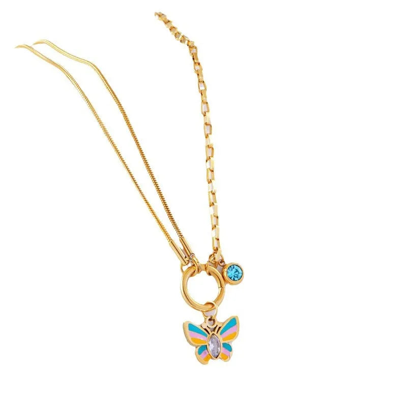 Gold titanium steel butterfly necklace and bracelet set with colourful epoxy detailing on animal pendant