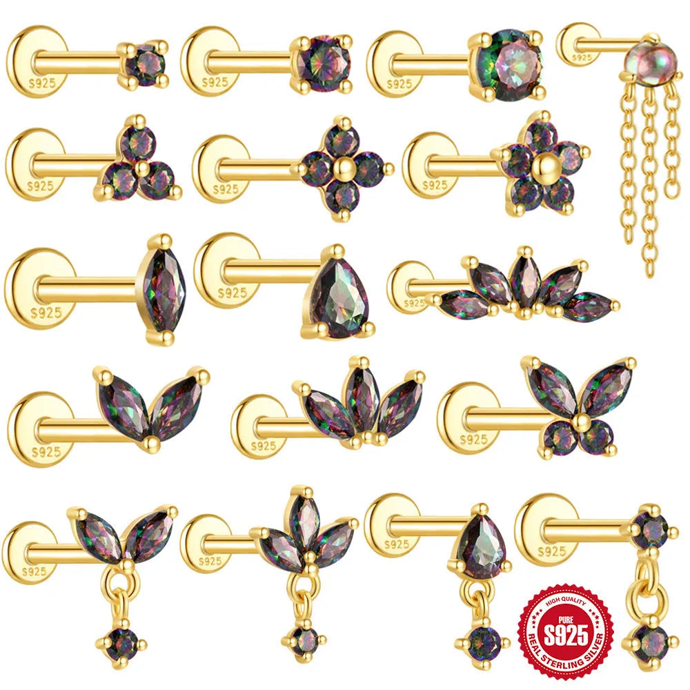 S925 sterling silver flat head thread piercing with rainbow stone in gold colour options
