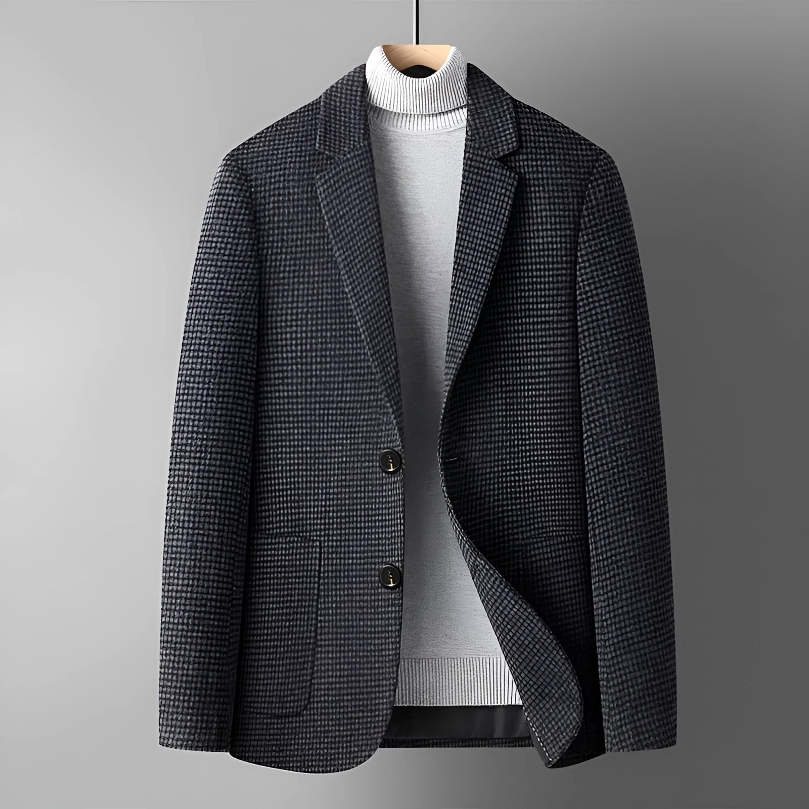 Men's slim fit wool suit jacket in grey on a hanger