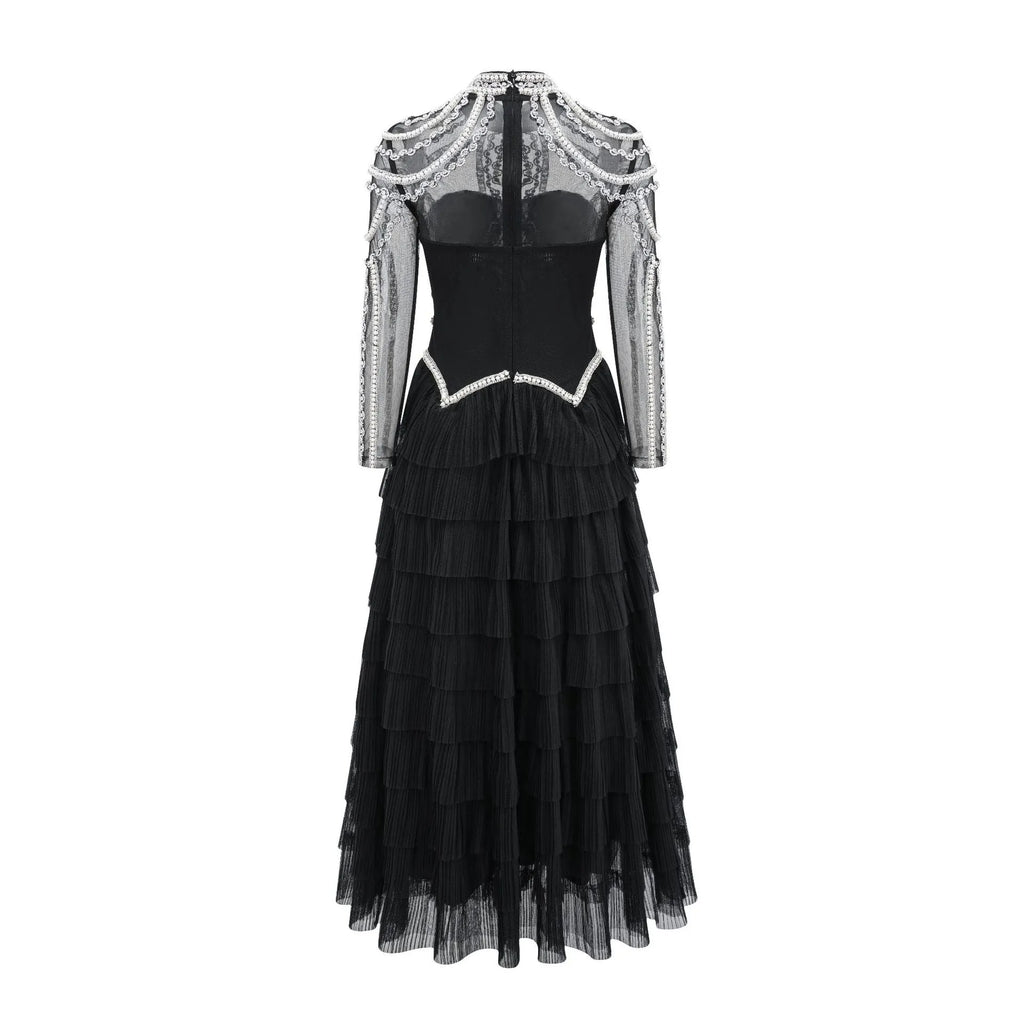 Women's black long sleeve beaded dress with three-dimensional decoration and mid-waist design