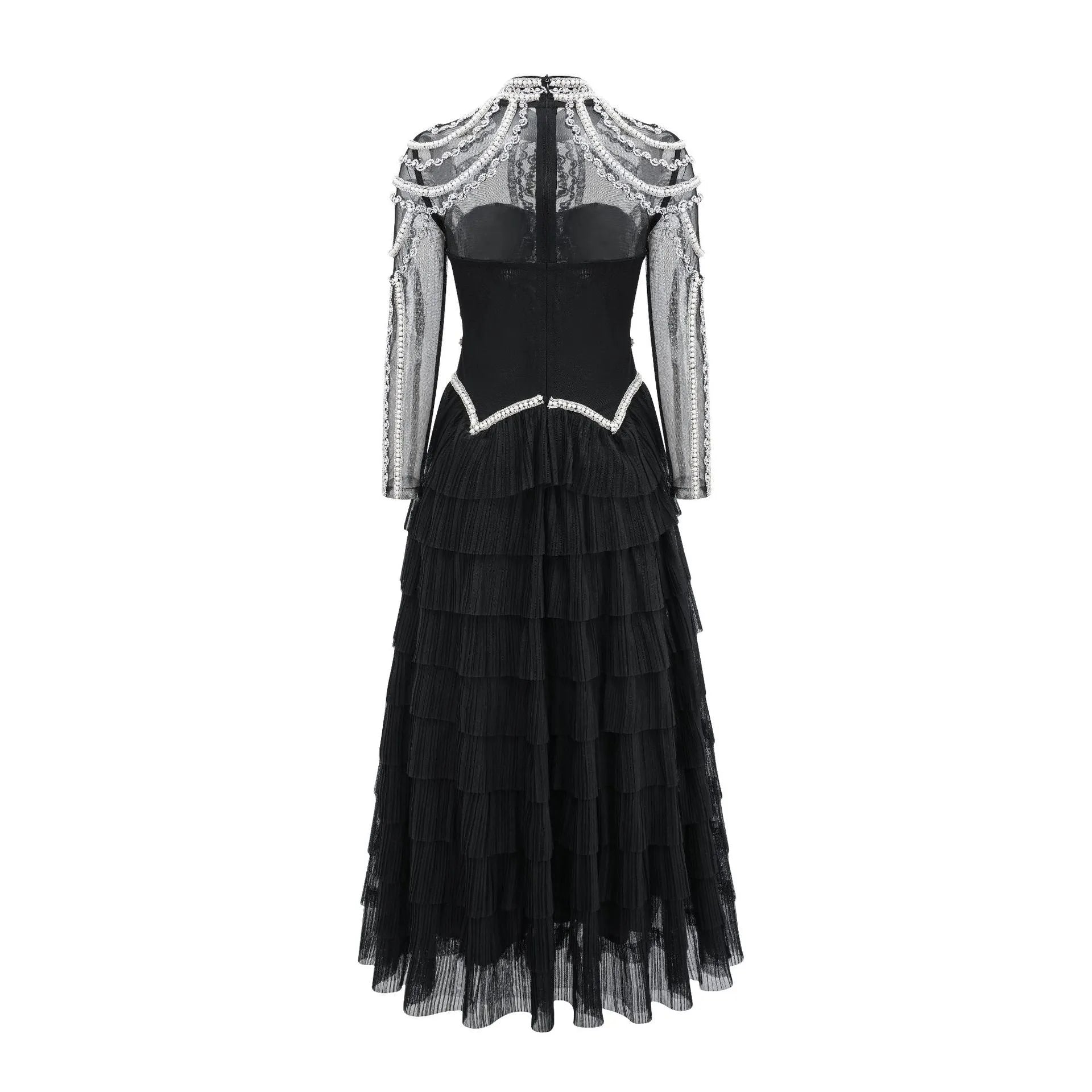 Women's black long sleeve beaded dress with three-dimensional decoration and mid-waist design