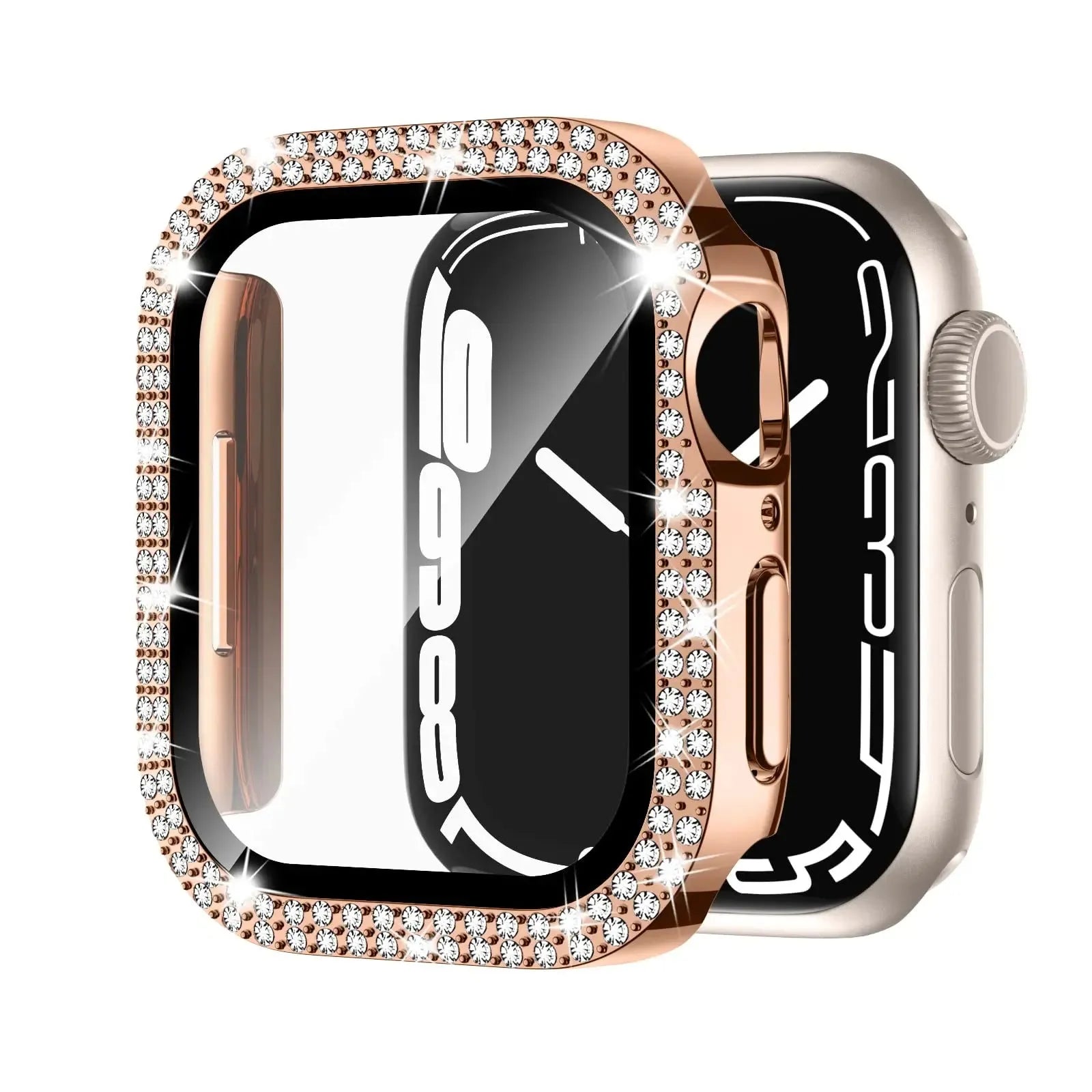 Apple Watch protective case with Double Diamond Glass screen protector in rose gold colour for a 44mm model.