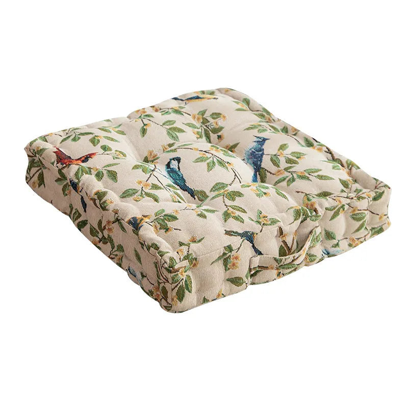 American-style square seat cushion in apricot colour with floral pattern, showing 8cm thickness.