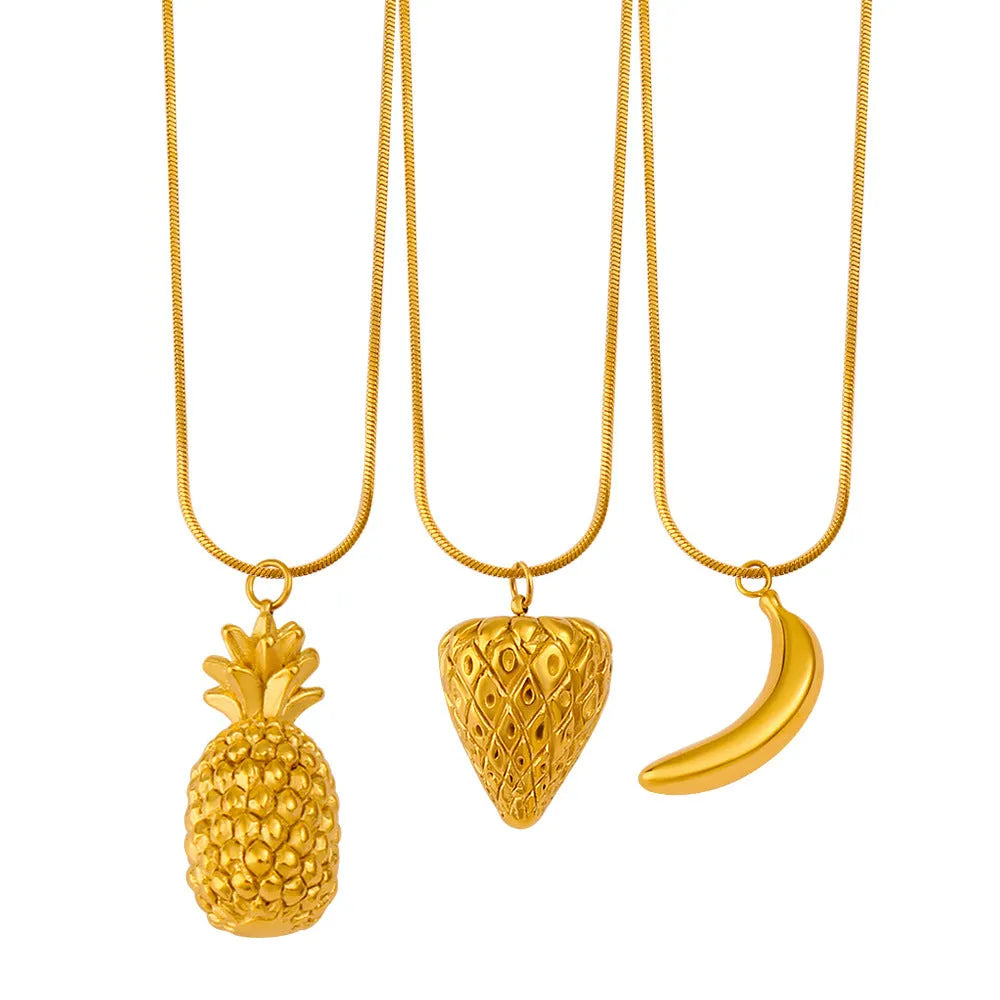Stainless steel necklace with colourful fruit-shaped pendants including apple, grape, watermelon, pineapple, strawberry and banana.