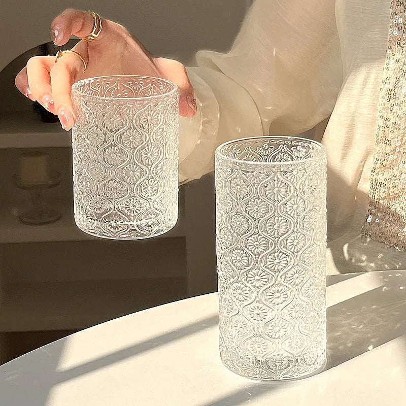 Begonia carved pattern clear glass water cup in 250ml short and 360ml high versions