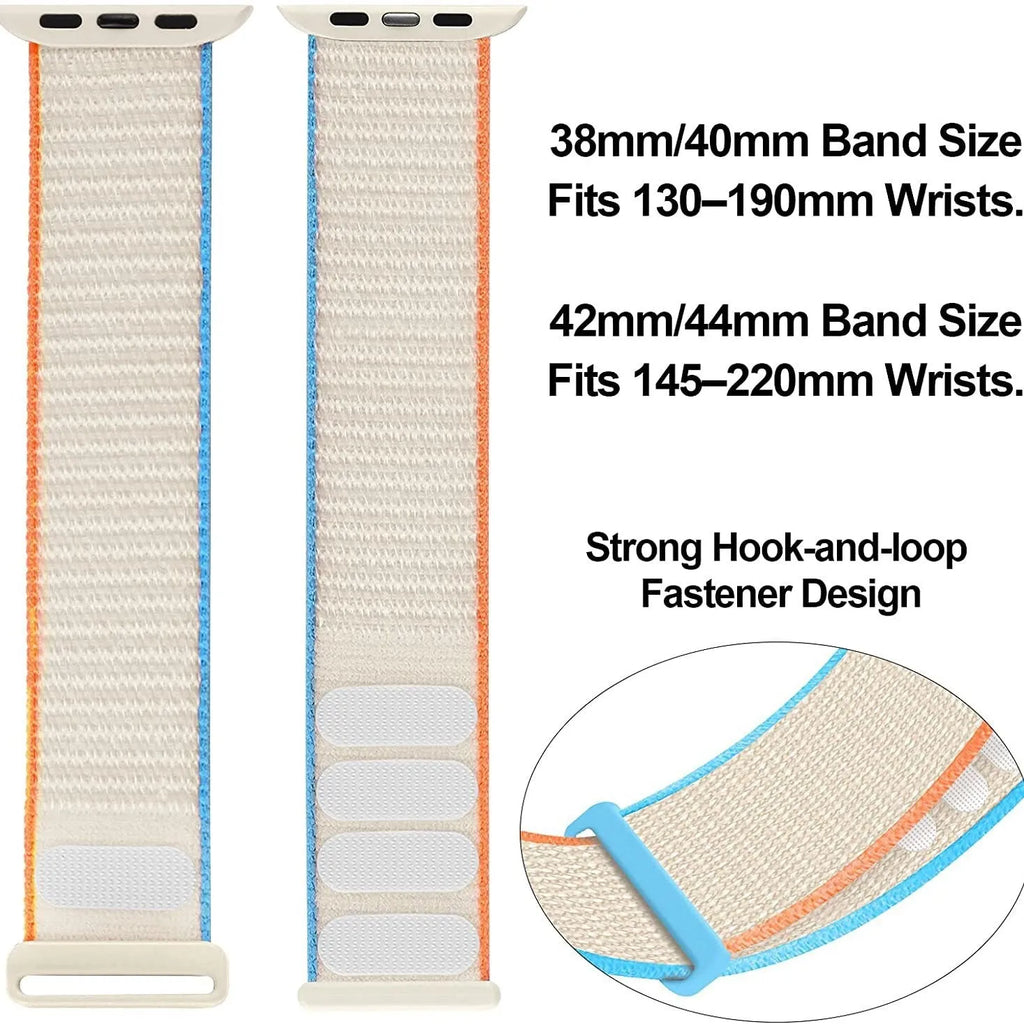 Woven fabric Apple Watch replacement strap shown in multiple colour options including reflective finishes.
