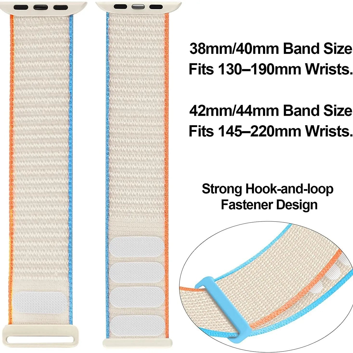 Woven fabric Apple Watch replacement strap shown in multiple colour options including reflective finishes.