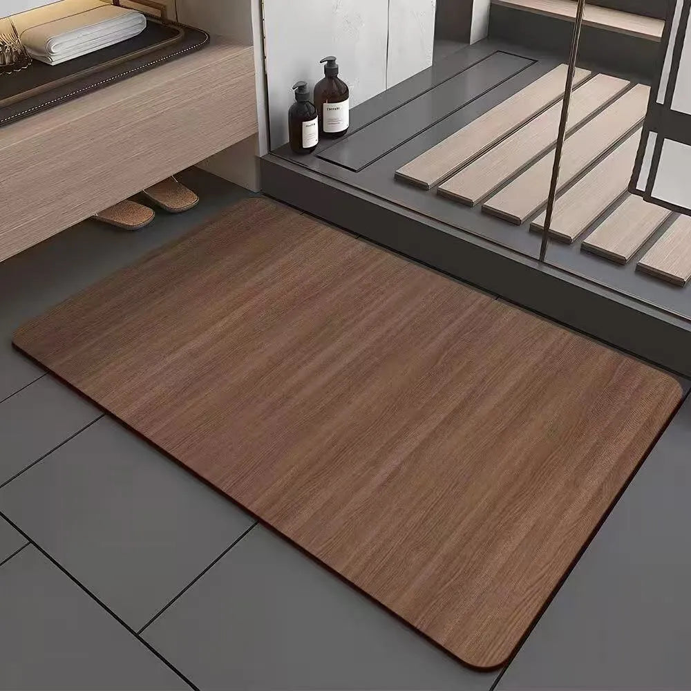Square American wood grain patterned diatom ooze bathroom floor mat with non-slip backing.