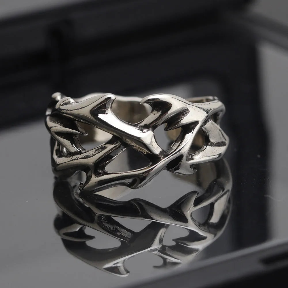 Adjustable copper men's ring with thorn flower design in geometric shape