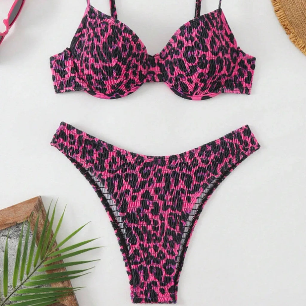 Leopard print women's bikini swimsuit with backless design in brown mixed colour