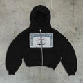 Unisex hoodie zipper jacket with letter pattern design in black colour showing zippered front and pockets