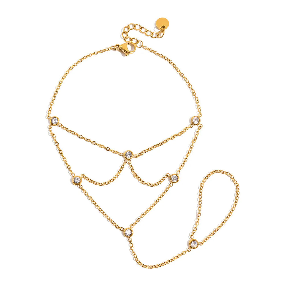 Zircon mitten-type bracelet with tassel, light luxury, stainless steel, round geometry for women.