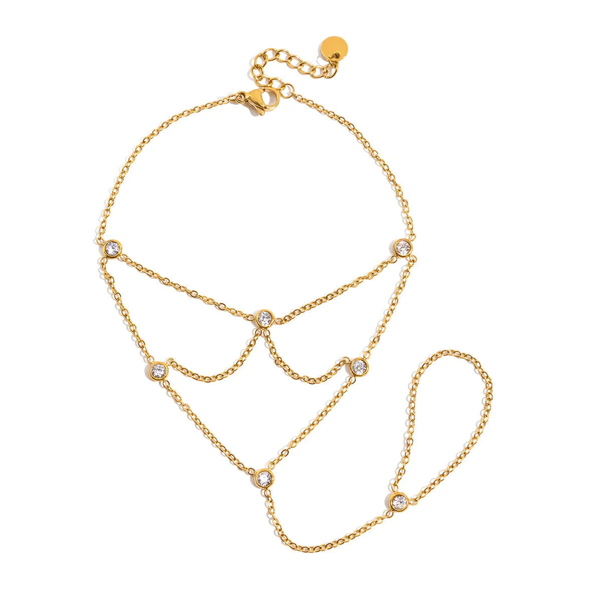 Zircon mitten-type bracelet with tassel, light luxury, stainless steel, round geometry for women.