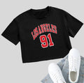 Black loose-fit cotton t-shirt with printed white English letters and an exposed navel design.