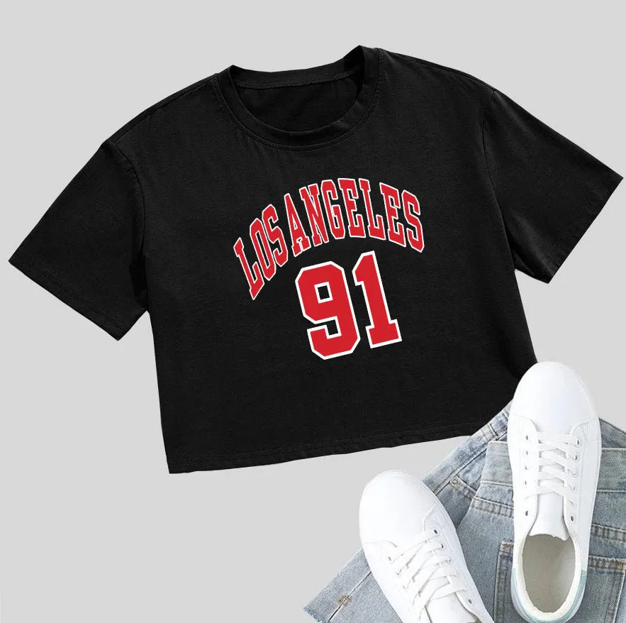 Black loose-fit cotton t-shirt with printed white English letters and an exposed navel design.