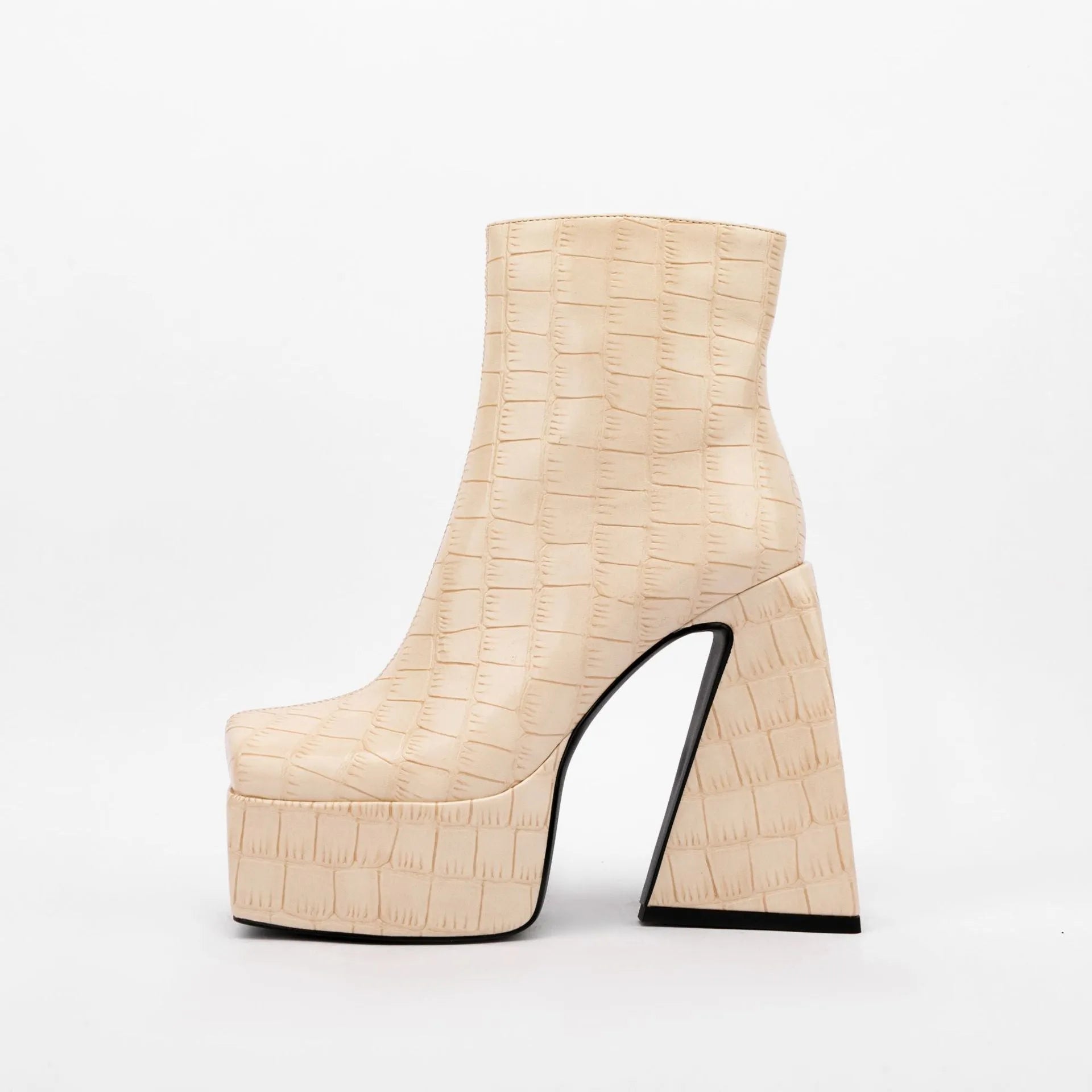 Women's high-heel ankle boots in red, green, black, beige, and brown colours, shown with a heel above 8cm.