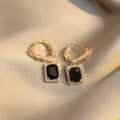 Geometric quadrilateral black zircon copper earrings with French court retro styling