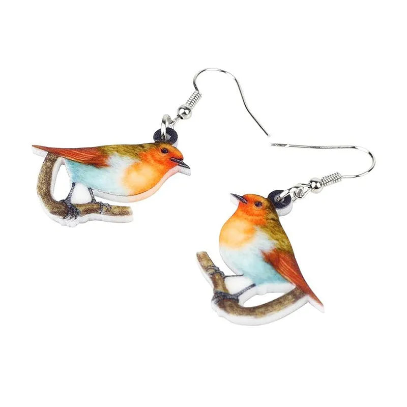 Blue Titmouse and snake design acrylic pendant earrings with geometric animal zodiac styling