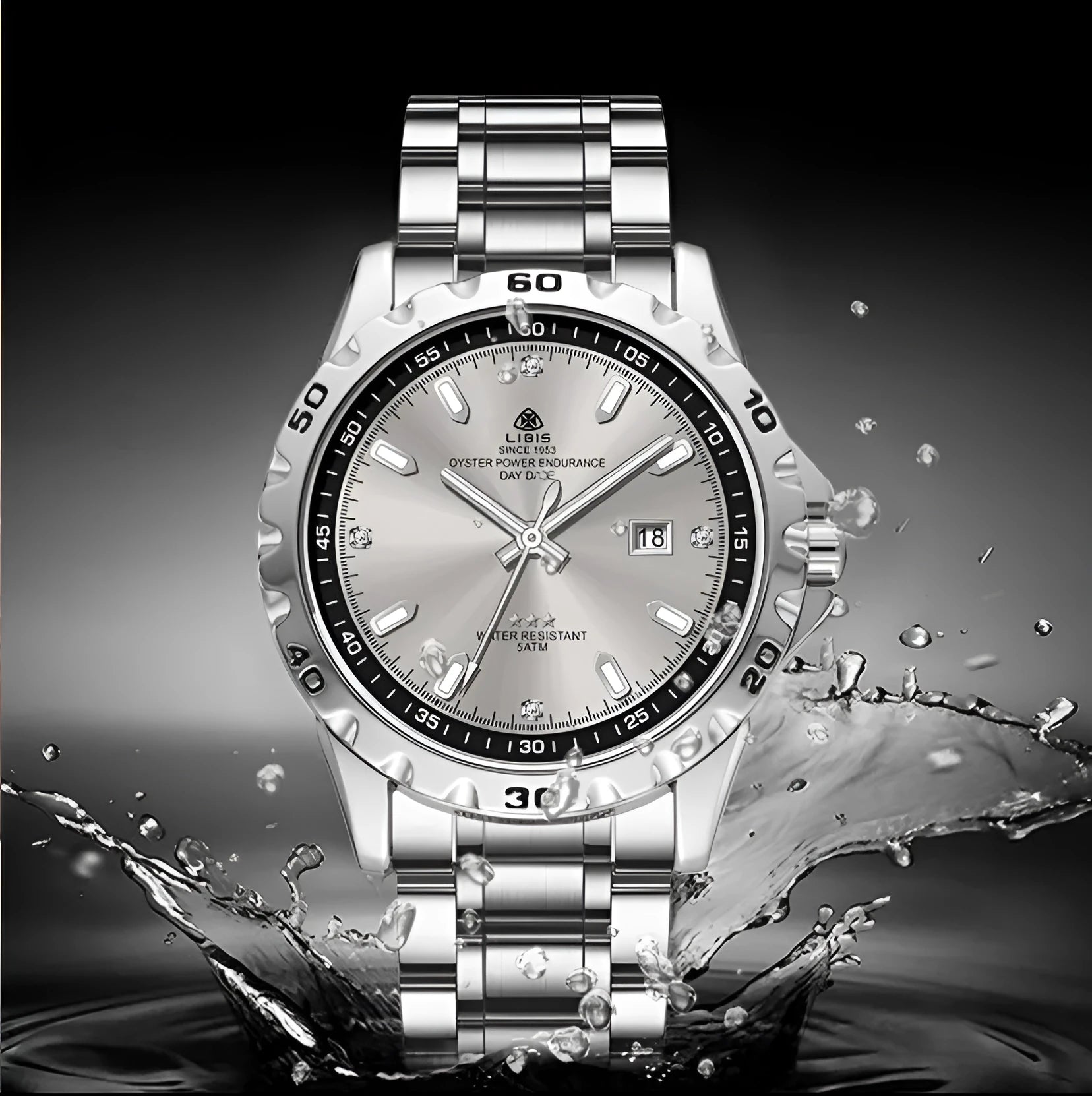 Men's silver quartz watch with luminous hands and stainless steel strap on wrist