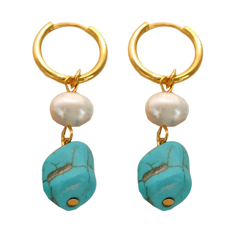 Irregular turquoise cultured pearl clip earring set with geometric copper design