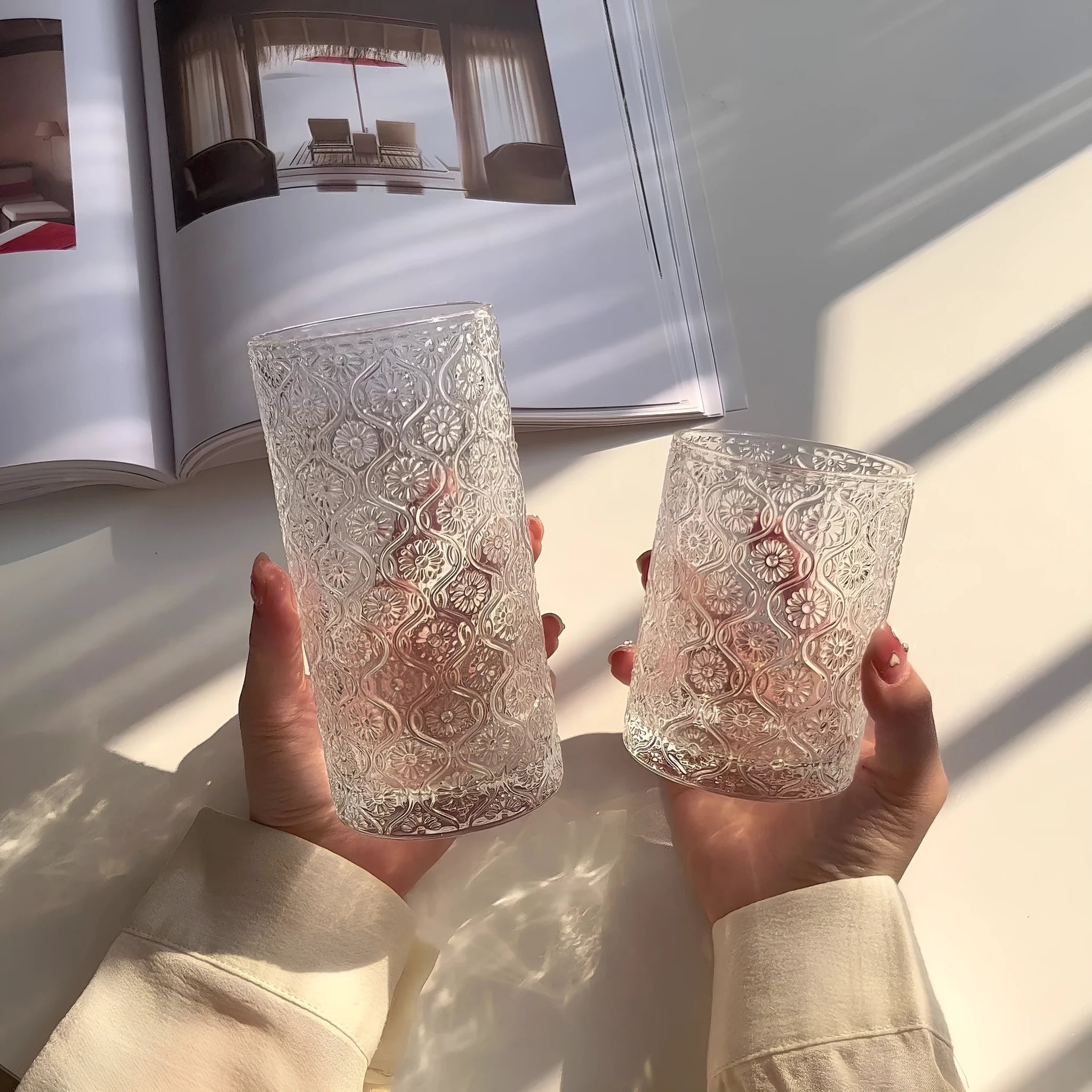 Begonia carved pattern clear glass water cup in 250ml short and 360ml high versions