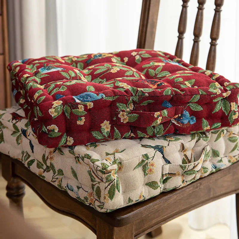 American-style square seat cushion in apricot colour with floral pattern, showing 8cm thickness.