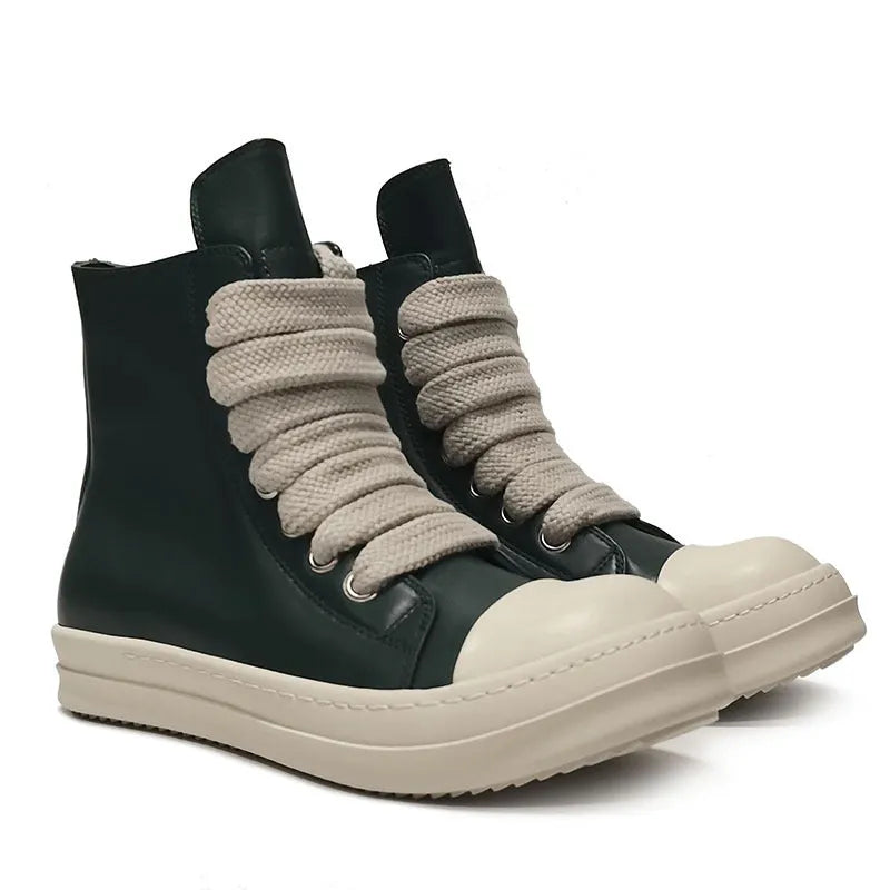 Black high-top leather sneakers with side zipper on a white background