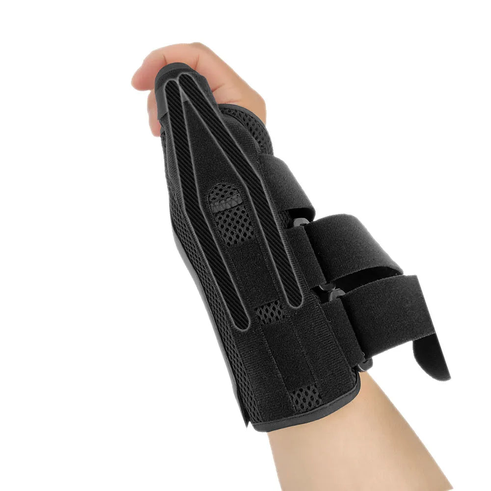 Black carbon fiber sports wrist guard with grey edging and an adjustable thumb strap.