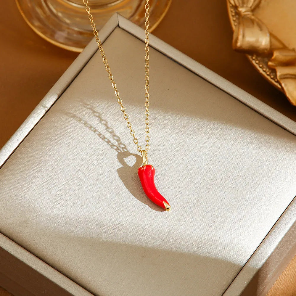 Titanium steel fashion necklace with delicate fruit and pepper pendant designs on O-ring chain