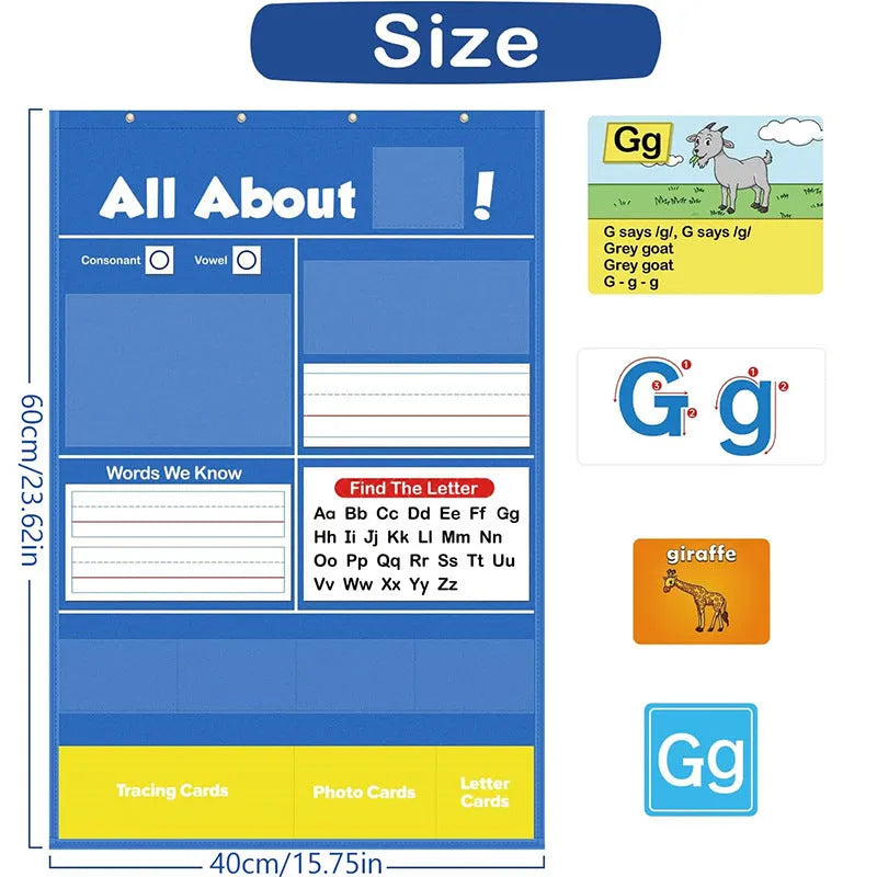 Large blue alphabet learning chart with letter cards, word cards, and picture cards arranged on its wipe-clean vinyl surface.