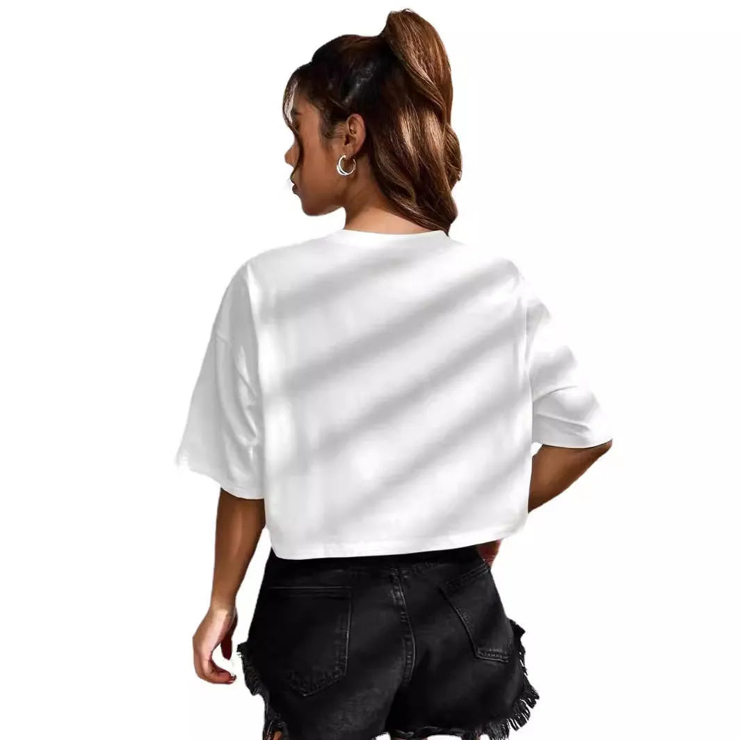 Black loose-fit cotton t-shirt with printed white English letters and an exposed navel design.