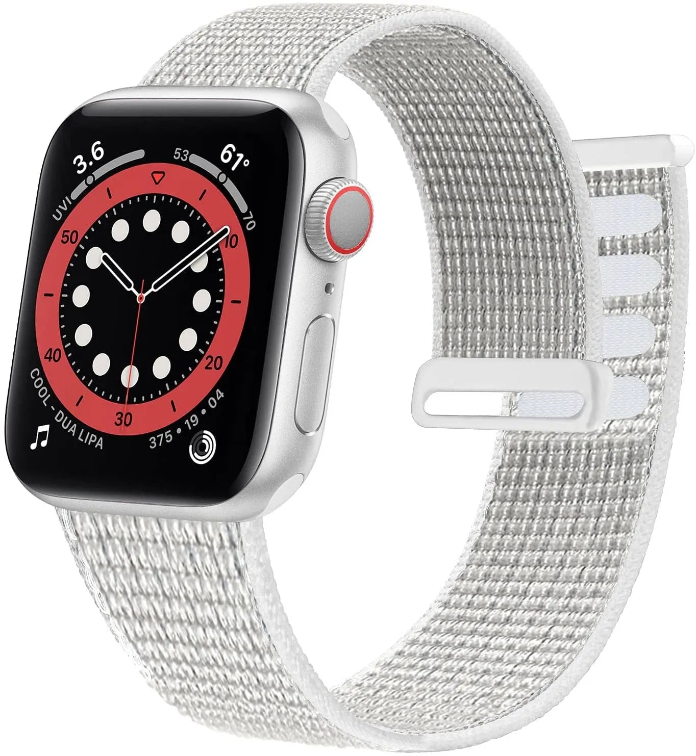 Woven fabric Apple Watch replacement strap shown in multiple colour options including reflective finishes.