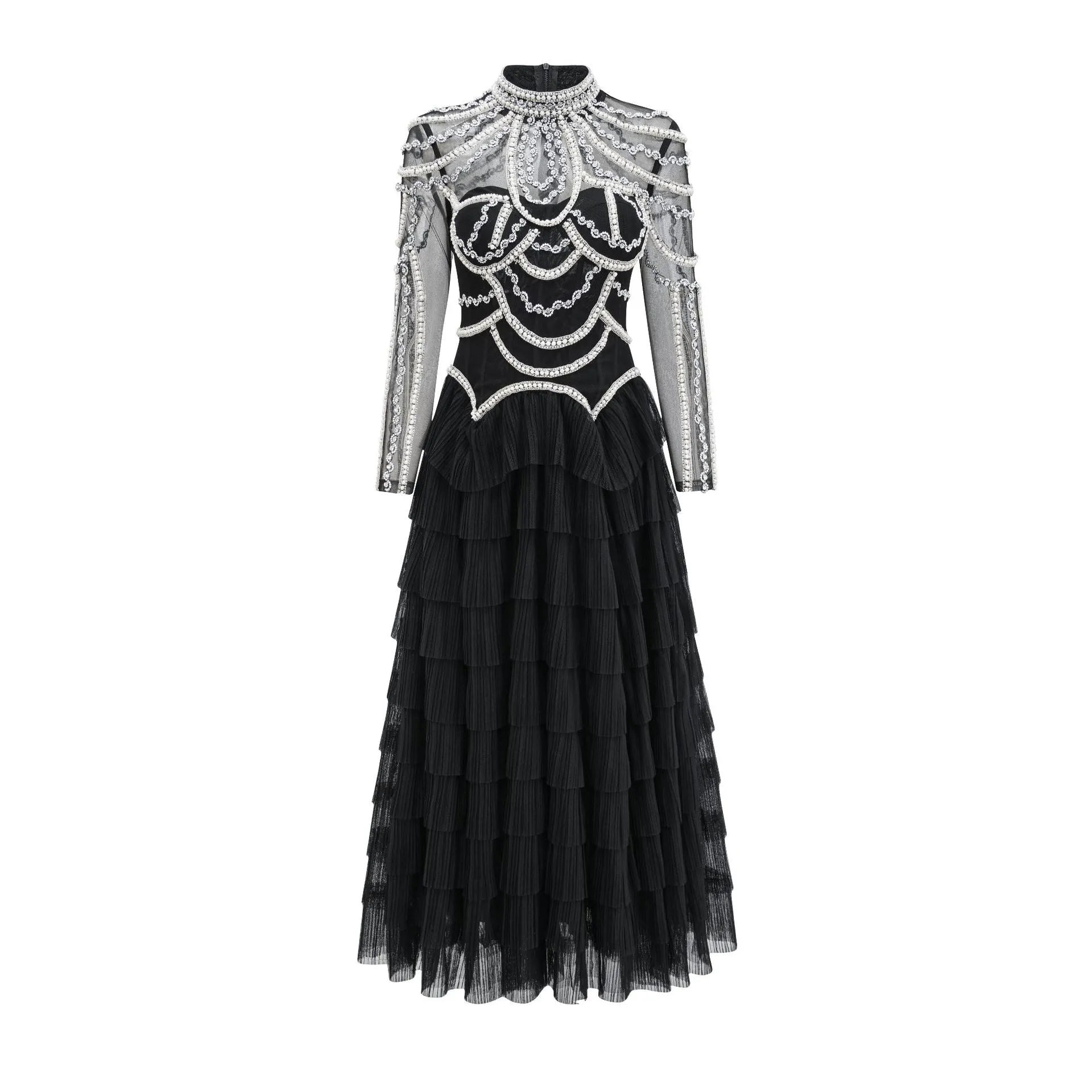 Women's black long sleeve beaded dress with three-dimensional decoration and mid-waist design