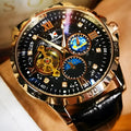 Men's black and rose gold automatic skeleton watch on leather strap.