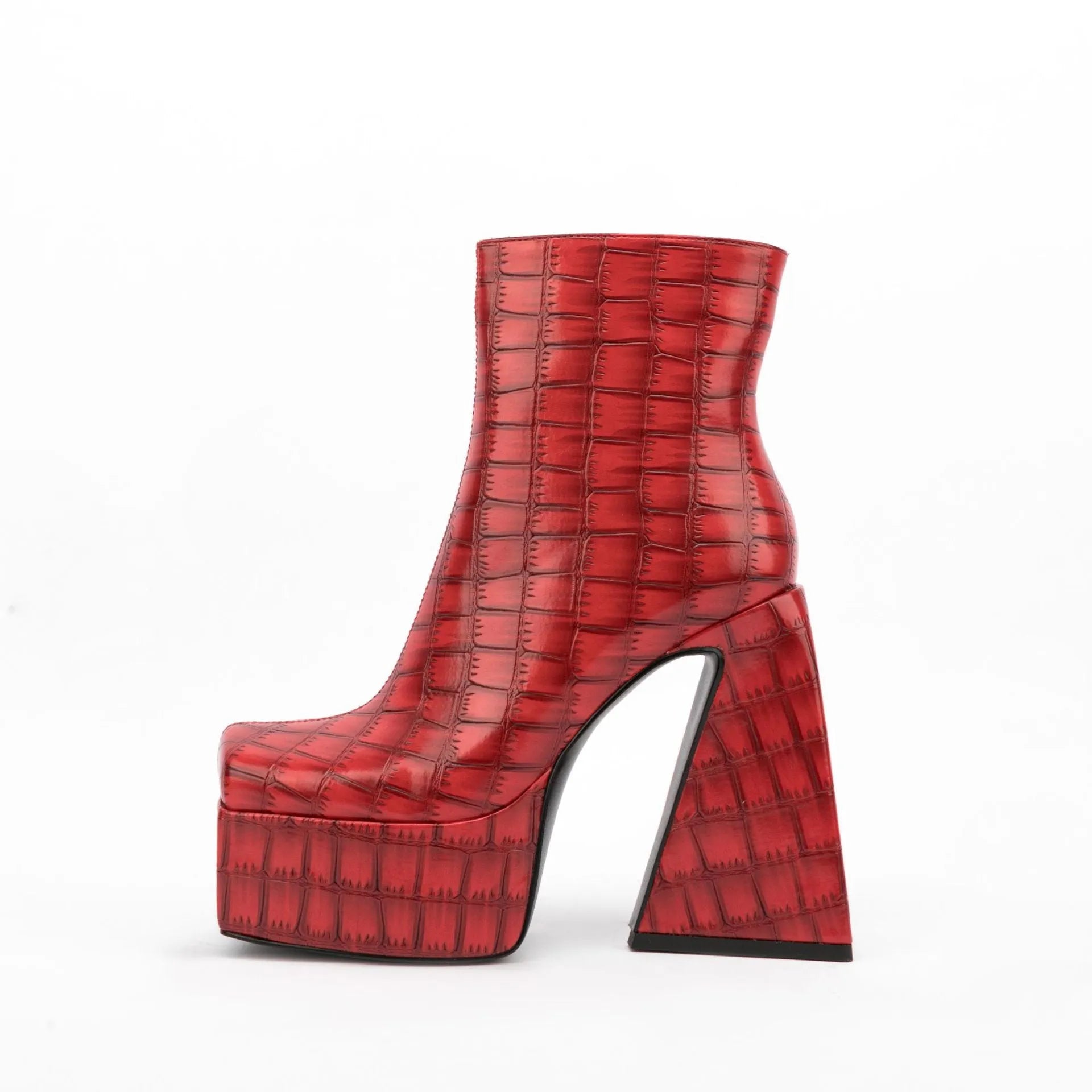 Women's high-heel ankle boots in red, green, black, beige, and brown colours, shown with a heel above 8cm.