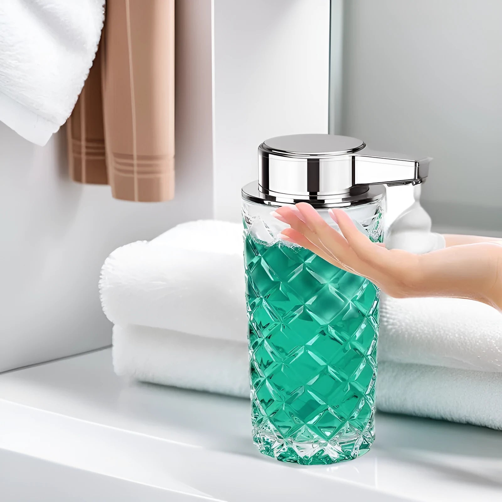White automatic sensor soap dispenser with silver finish and Type-C charging port on a bathroom countertop.