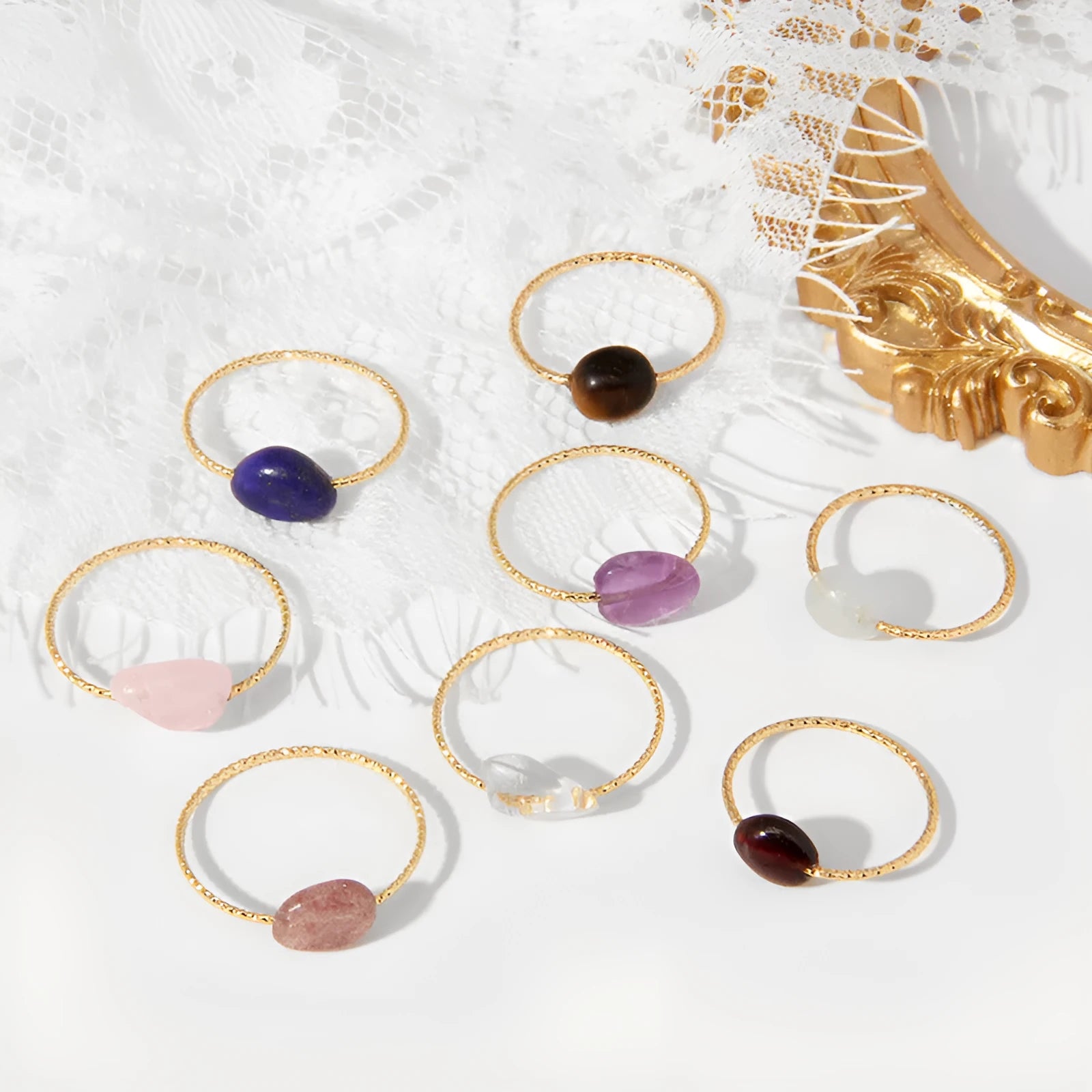 Women's geometric agate ring in an original design, showing one of eight coloured stone variants.