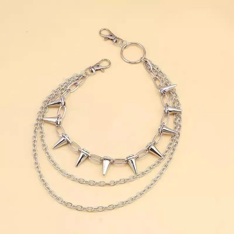 Double layer silver metal trousers chain with rivet details for punk hip hop fashion