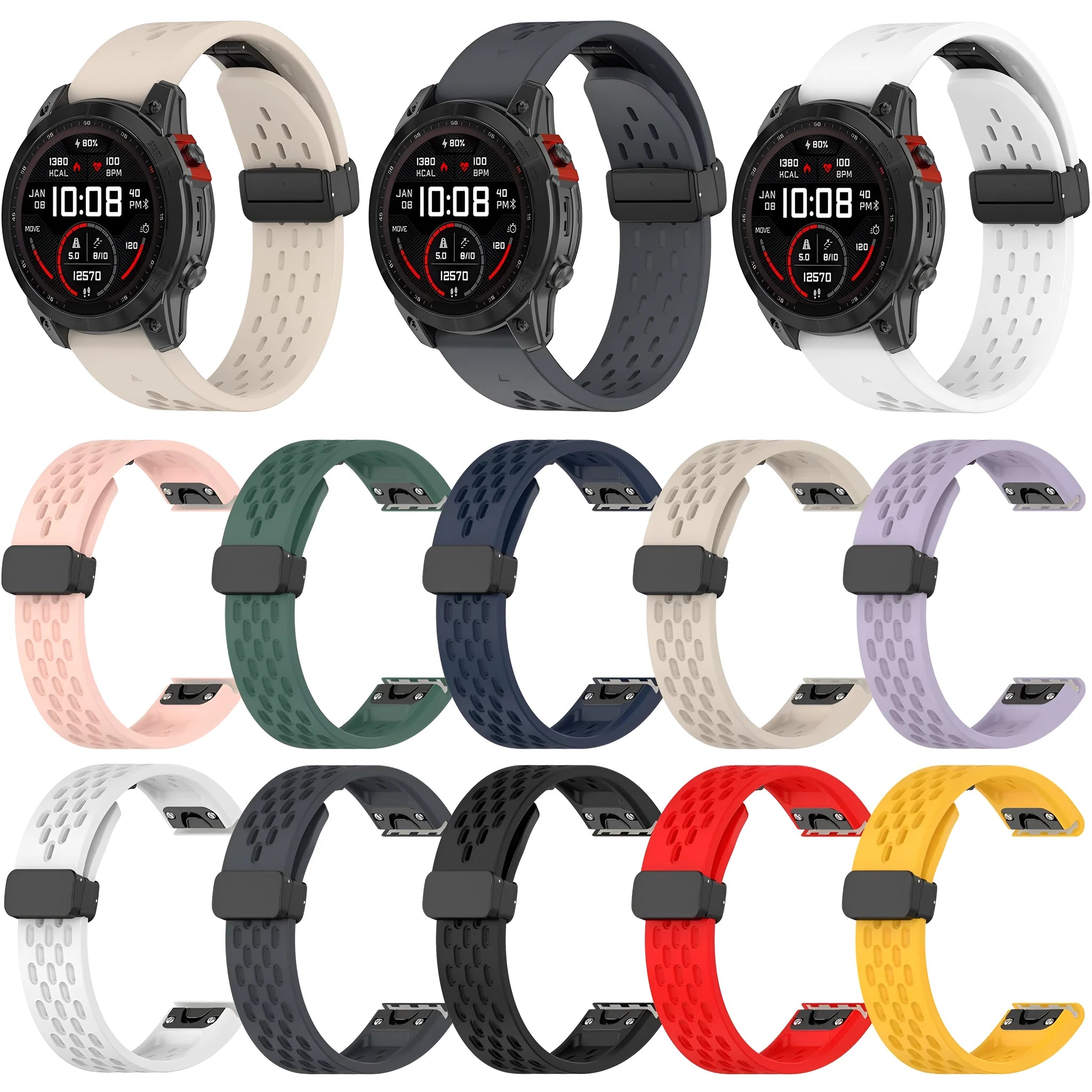 Garmin Fenix quick release watch strap in multiple colours showing quick release spring bars