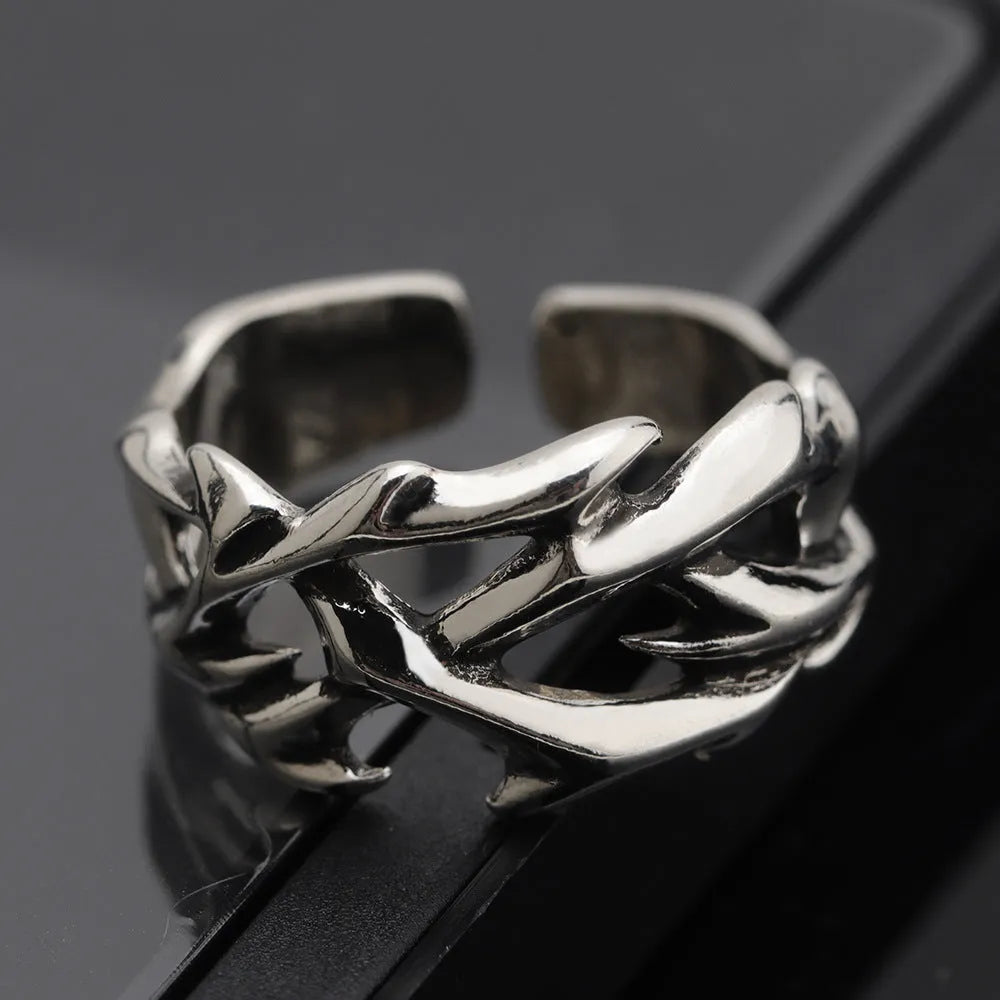 Adjustable copper men's ring with thorn flower design in geometric shape