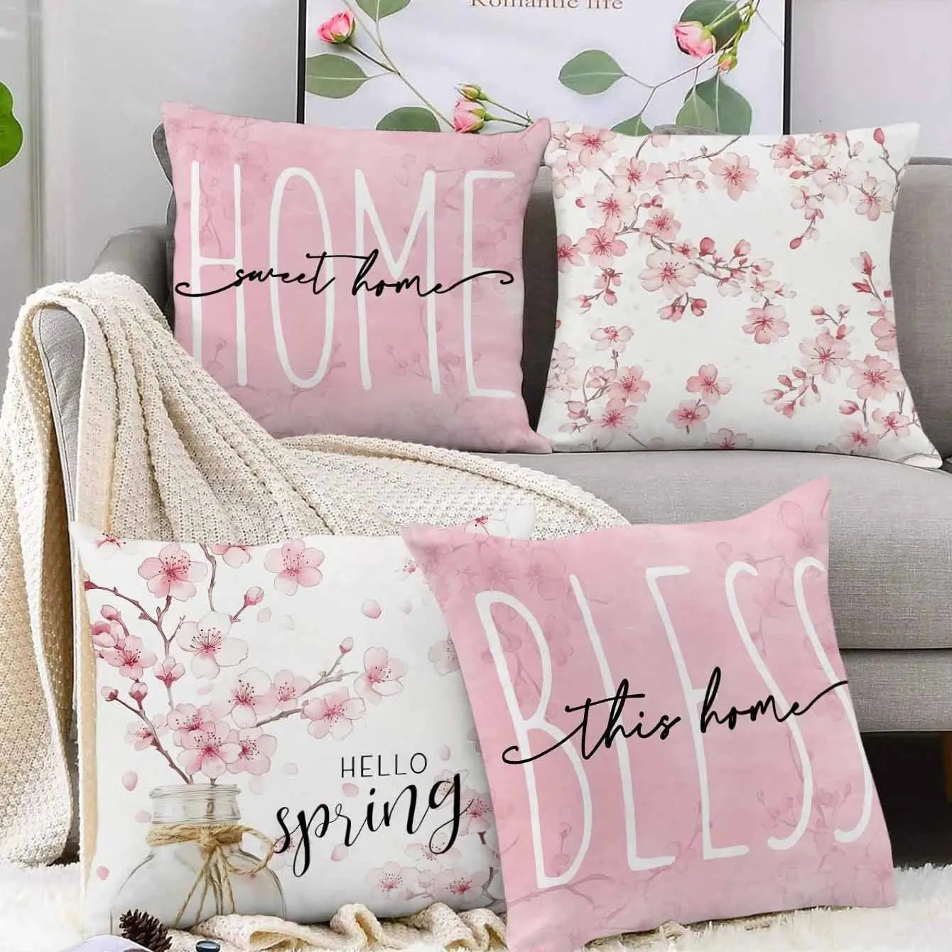 Spring Cherry Blossom Letter design on a short velvet cushion cover for sofa decor.