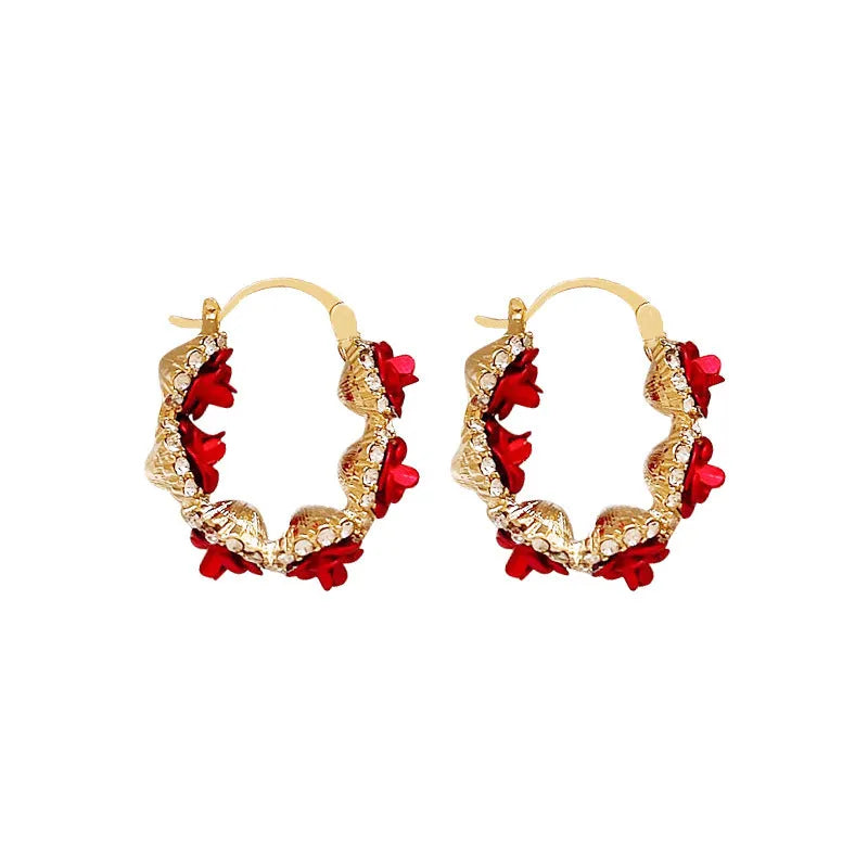 Red floral alloy clip earrings with rose design for women