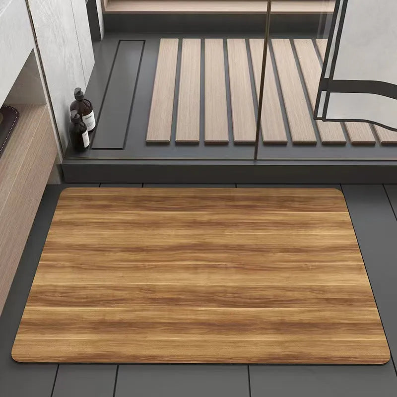 Square American wood grain patterned diatom ooze bathroom floor mat with non-slip backing.