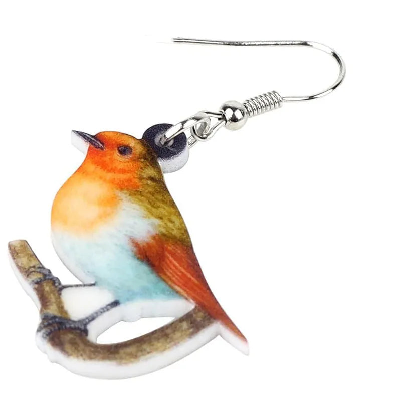 Blue Titmouse and snake design acrylic pendant earrings with geometric animal zodiac styling